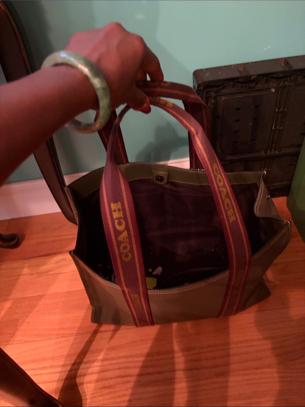Coach Olive Green Leather Tote with Maroon Branded Straps - Picture 3 of 3